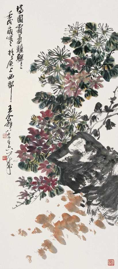 王个簃 壬戌（1982年作） 双菊竞艳图 立轴